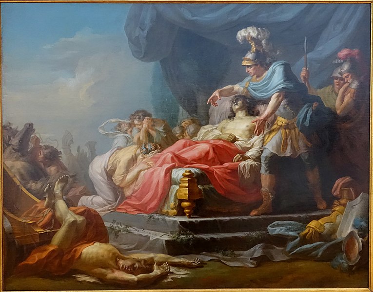 Achille conduce il corpo di Ettore, ancora attaccato al carro, davanti al corpo di Patroclo, per mostrargli che lo ha vendicato.